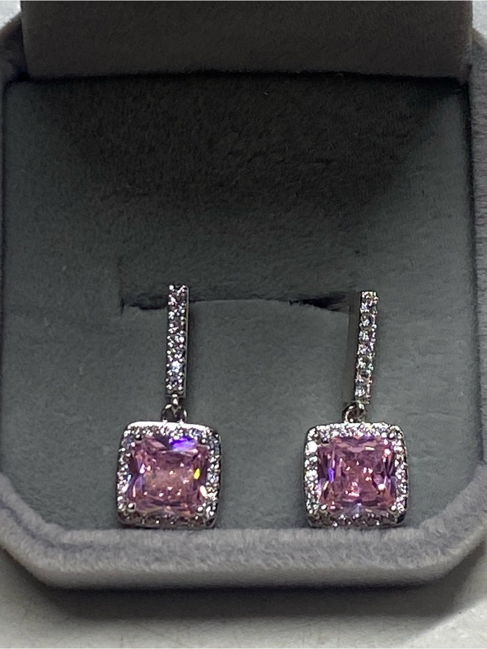 Sterling Silver Sparkling Pink Square Halo Drop Earrings